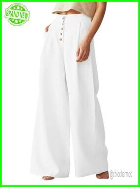 High Waisted Cotton Linen Palazzo Wide Leg Pants